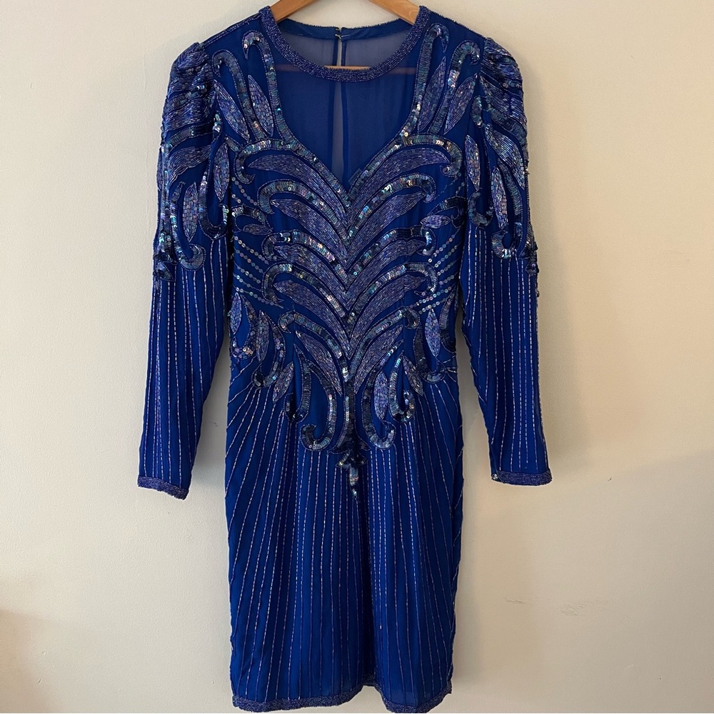 Women’s Vintage 80’s Laurence Kazar Colbalt Blue Beaded Glam Cocktail Dress